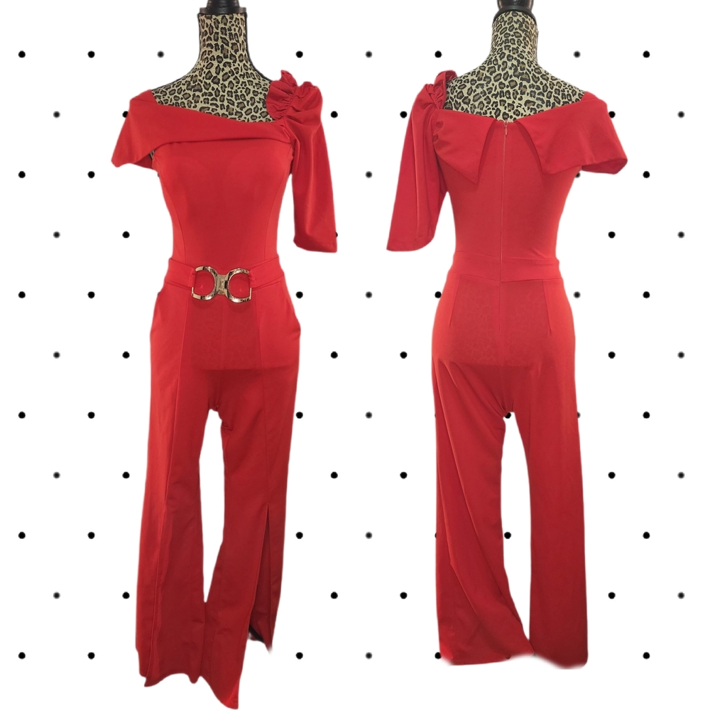 VINTAGE Red Off-Shoulder Jumpsuit with Belt and split bell bottom pants (M)